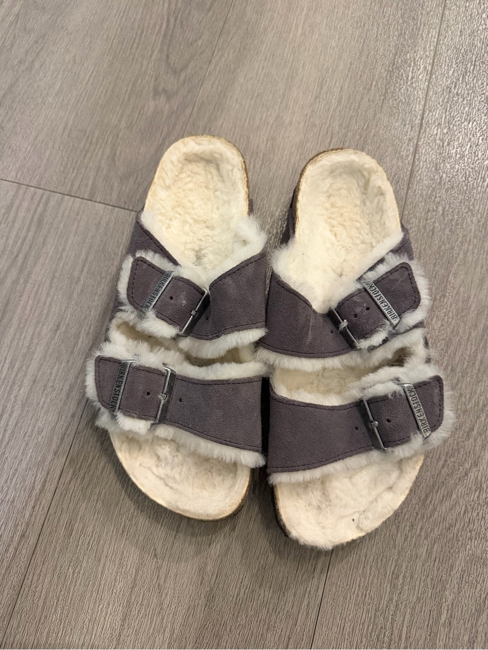 Birkenstock Purple/Gray Shearling-Lined Slides